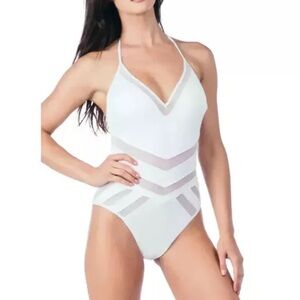 Kenneth Cole NWT White Cutout Mesh One-Piece M Swimsuit Halter Plunge V-Neck